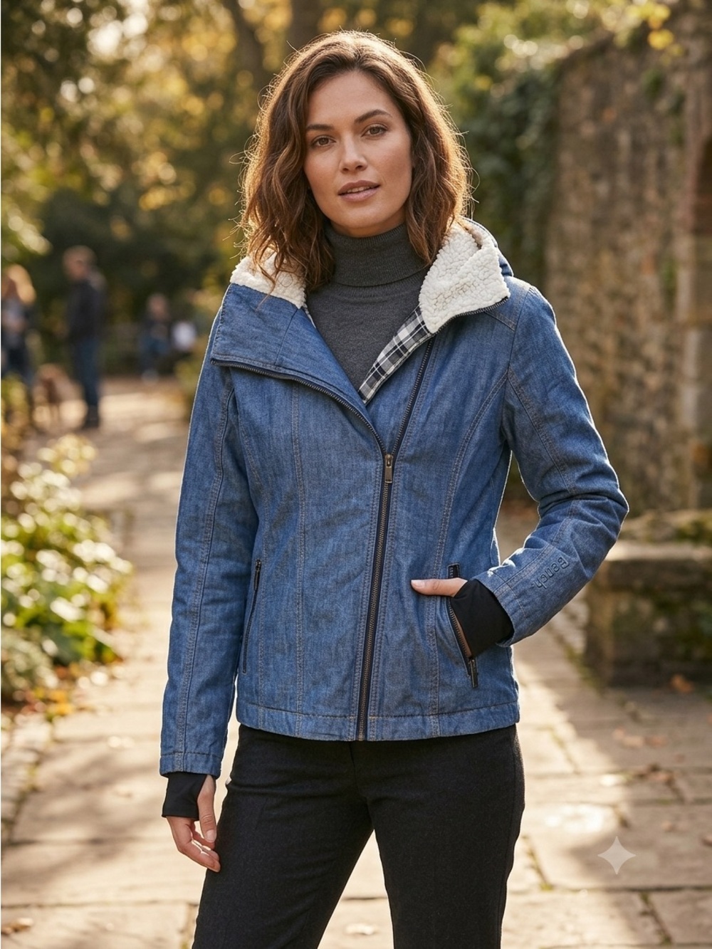 Bench Jacket with Faux Sherpa Collar Full Zip Jacket Denim Look Quilted - Small